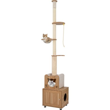 Arbre à chat du sol au plafond ajustable en 67 x 45 x 256-275 cm cache litière intégré design moderne en bois marron