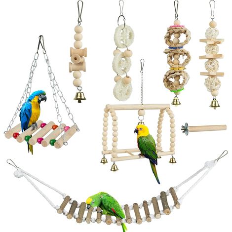 8 Piece Bird Toy Set Parrot Chew Toys, Hanging Bells, Bird Cage Swing for Finches, Small Parakeets and More (1/5)