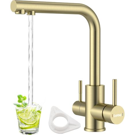 DAYONE Brushed Gold 3 Way Kitchen Tap, SUS304 Stainless Steel Drinking Water Tap, Dual Lever 360 Swivel Water Sink Tap, 3 in 1 Water Filter Tap Kitchen Mixer Tap 1 Hole, Kitchen Faucet