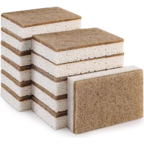 Paquete de 12 esponjas ecológicas naturales para lavar platos - Esponja de cocina biodegradable con estropajo compostable hecha de nogal.