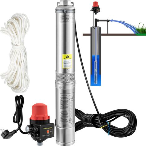 Pompe immergée pour puits profond, 750W 230V/50Hz, 105L/min, hauteur 62m, câble 20m, interrupteur automatique, inox 8,9cm, étanche IP68, usage industriel, irrigation et domestique. (1/5)