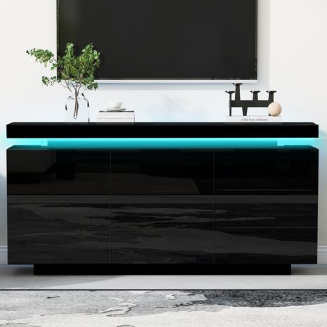 Buffet LED - 140x35x72.5cm - avec 2 portes, 3 tiroirs - sans poignées - finition laquée brillante - indépendant - Noir (1/5)