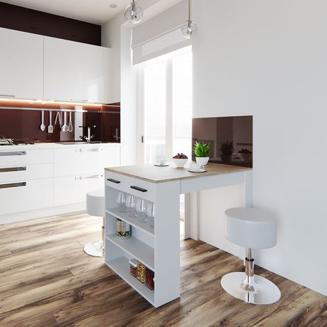Tavolo bar alto Repose, Sonoma/Bianco, 67 x 100 cm con 2 sgabelli, Vicco
