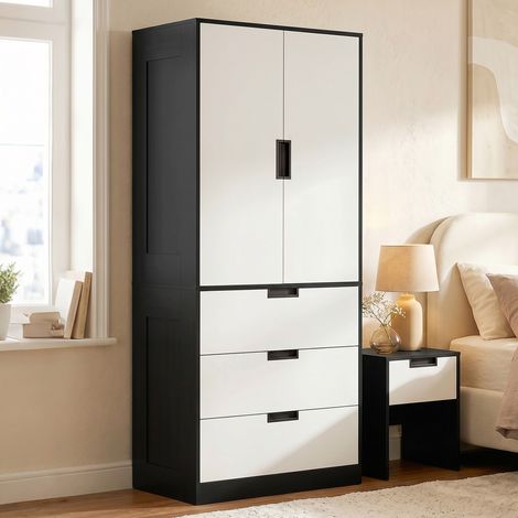 Armoire 2 portes et 3 tiroirs, armoire moderne avec penderie, pour chambre, noir et blanc (1/5)