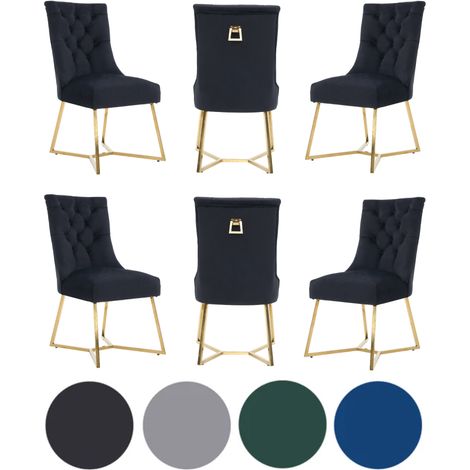 Set of 6 Black Ambra Modern Velvet Dining Chairs with Gold Legs & Ring Handle - Tufted Back, Plush Foam Seat, Luxury Accent Chair (1/5)