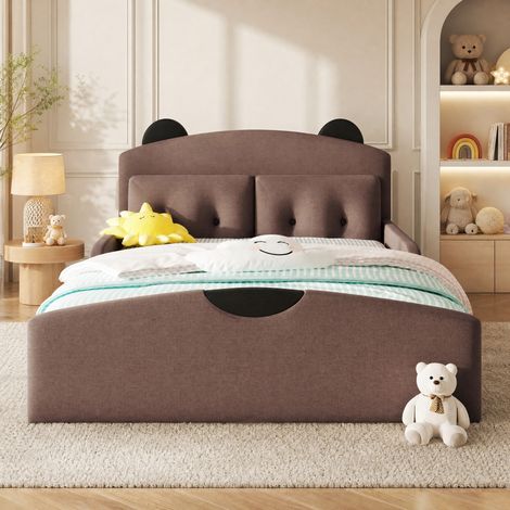 Letto piattaforma 140x200 cm in lino con testiera a orso, 2 cuscini, OKWISH (1/5)