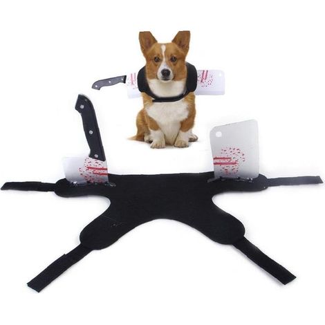 Costume d'Halloween pour animaux de compagnie : gilet ensanglanté avec couteau pour chiens et chats, accessoire de cosplay horrifique, taille L (1/4)