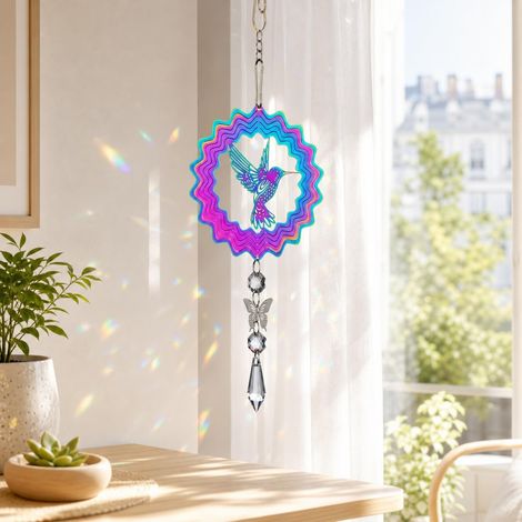Moulin à vent 3D Colibri - 1 Pièce - Acier Inoxydable et Cristal - Rotation Cinétique Réfléchissante - Décoration Jardin Porche Balcon - Motif Mandala Turquoise et Rose (1/5)