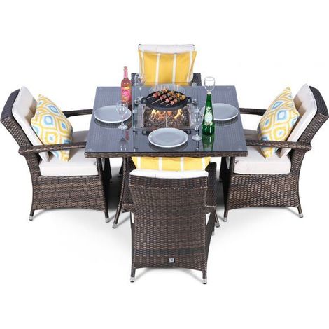 Arizona Fire Pit 4 Seater Square Rattan Dining Set - Brown (1/5)