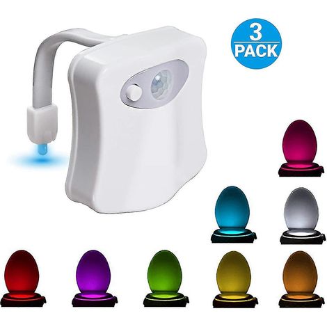 Veilleuse de toilettes (lot de 3) avec LED à 8 couleurs changeantes. Idéale pour la salle de bain. Piles non incluses. Parfaite pour la décoration. (1/4)