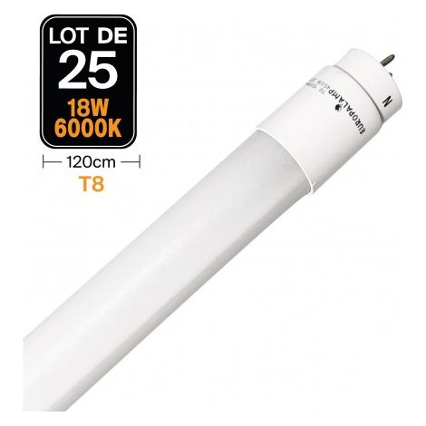 Europalamp – Lot de 25 tubes LED Néon T8 18W 120cm 6000K blanc froid – Flux lumineux > 1700 lumens – Angle de diffusion 300° – Tension AC 85-265V (1/3)