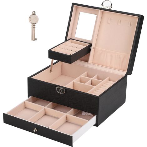 Boîte de Rangement Bijoux en Cuir PU Imperméable, Écrin à Double Niveau Grande Capacité pour Organiser Accessoires Noir