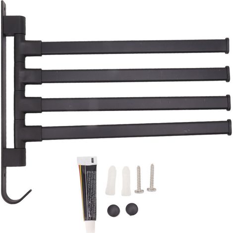 Porte-serviettes pivotant noir, 2 pièces, sans poinçon, porte-serviettes de salle de bains, mural, coin de salle de bains, tige de suspension à 4 bras (1/4)