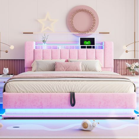 Cama doble 180x200 cm de terciopelo rosa con almacenaje para dormitorio FloraGrace (1/5)