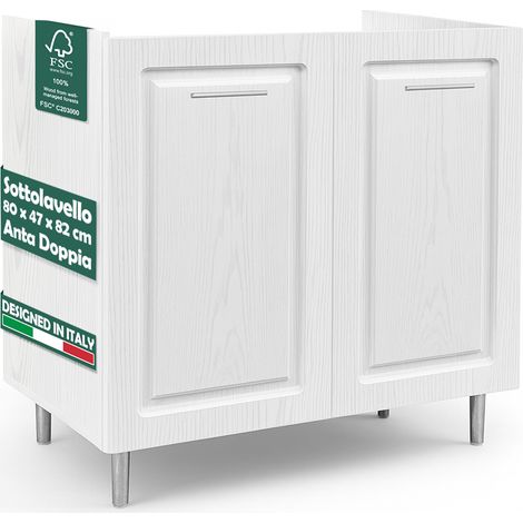 Mobile Sottolavello Cucina Componibile Legno Boiserie Bianco Frassinato 2 Ante