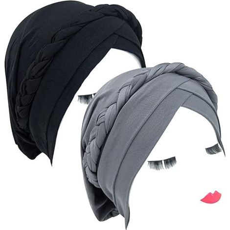 Bandeau Femme 2 Pièces Noir et Gris, Tresse Torsadée, Bonnet de Nuit Anti-Chute de Cheveux, Serre-tête Chaud en Tricot (1/5)