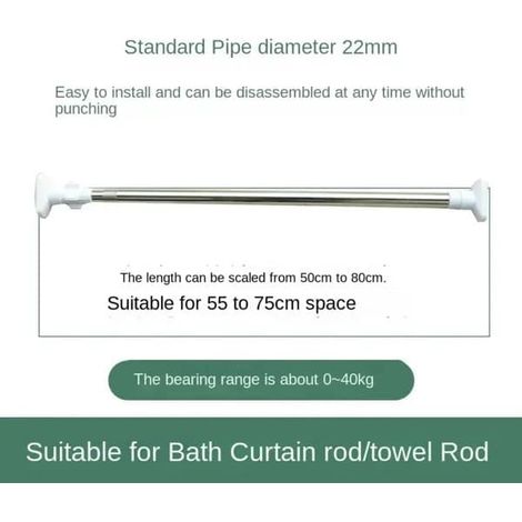 Rideau de douche télescopique et porte-serviettes, 50-80 cm, acier inoxydable, Ø 22 mm, sans perçage, capacité jusqu'à 40 kg, blanc (1/5)