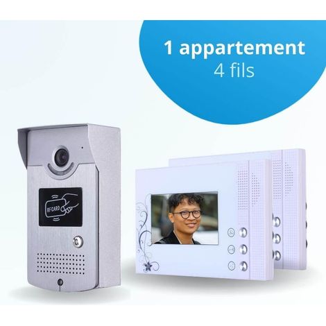 Portier interphone vidéo CARDS 4 Fils - 2 écrans blancs - avec lecteur de badge
