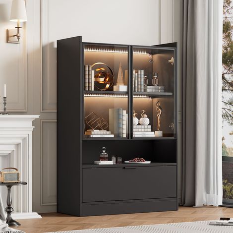 Vetrina con Ante in Vetro e Vano con Anta a Ribalta, LED, per Soggiorno, Pannello Truciolare Nero, 80×35×120 cm (1/5)