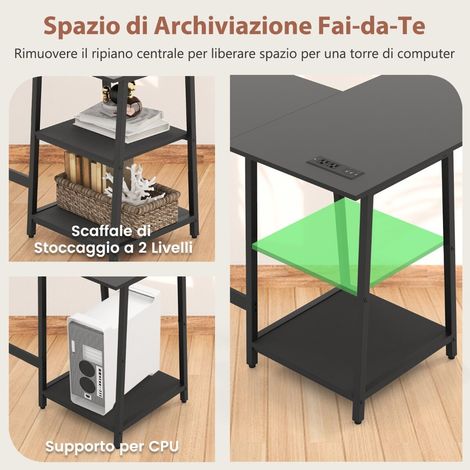 Bureau d'angle noir 120 x 120 x 75 cm avec prises et ports USB, étagères et pieds réglables pour bureau, chambre et gaming (1/5)