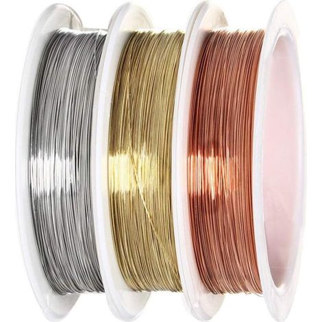 Jewelry Wire, 0.3mm Metallic Copper Wire, Beading Wire, Jewelry Wire Set, Gold, Silver, Copper, 3 Rolls (15 m x 3 mm) (1/5)
