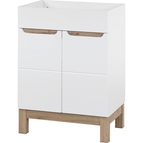 Möbelwaschtisch ERMANO – Helles Eichenholz und hochglänzendes Weiß – 60x84 cm – 1 Tür – Zum Aufstellen