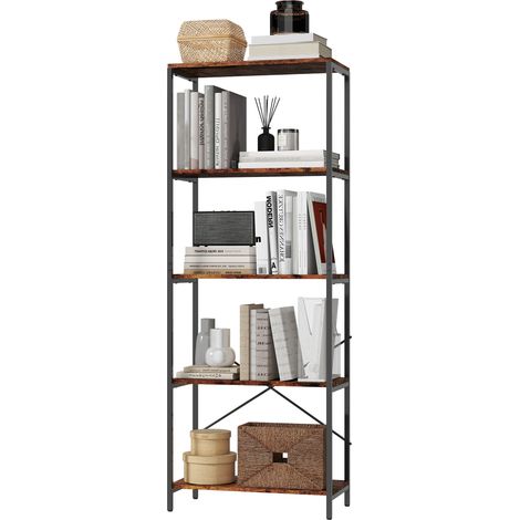 Étagère à livres, 5 tablettes, métal, surface en mélamine, marron (1/5)