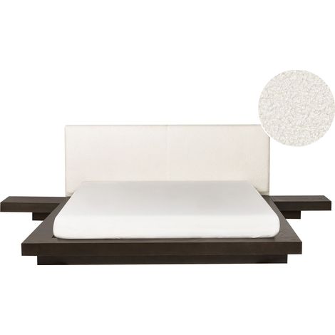 Cama moderna con plataforma mesitas de noche cabecero de bouclé madera de fresno oscuro 160 x 200 cm Zen