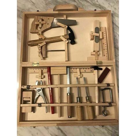 16-teiliges Kinderwerkzeugset – Werkzeugkasten aus Massivholz – Metall-Holzbearbeitungswerkzeuge – Maße: 36,5 x 22 x 7,5 cm (1/5)