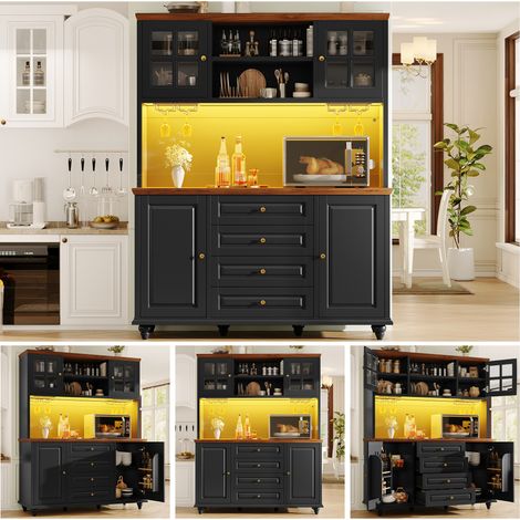 Optimiser le Rangement Cuisine Buffet Haut Noir avec LED RGB Connectée Porte-Verres en Métal 4 Tiroirs et Étagères Réglables (1/5)