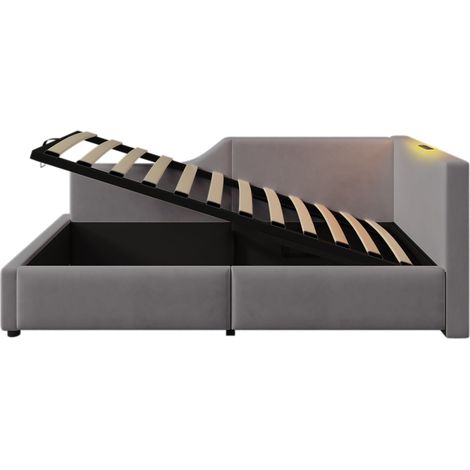 Letto banquette 90x200 cm in velluto grigio con contenitore idraulico e lampada USB-C (1/5)