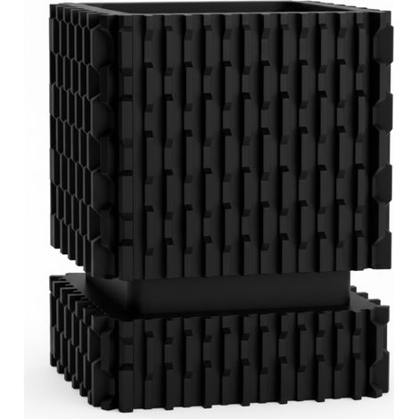Vaso da fiori moderno nero con fori di drenaggio e coperchio geometrico.