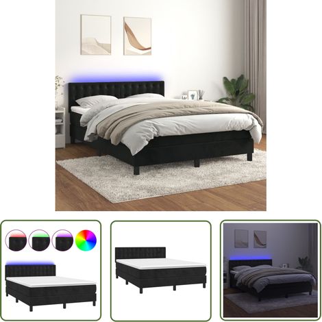 The Living Store Sommier à lattes de lit avec matelas et LED Noir 140x190 cm - Lit Plateforme - Lit Design - Lit Capitonné - Lit Velours - Tête De Lit Ajustable (1/5)