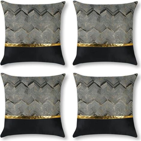 45x45cm Set de 4 (Noir) Housses de coussin Luxe Cuir Doré Couture Ondulé Stripe Taie D’oreiller Minimaliste Taies De Coussin Cuir Rayé Or Pour Lit Canapé Voiture Extérieur Canapé Décor Houss (1/5)