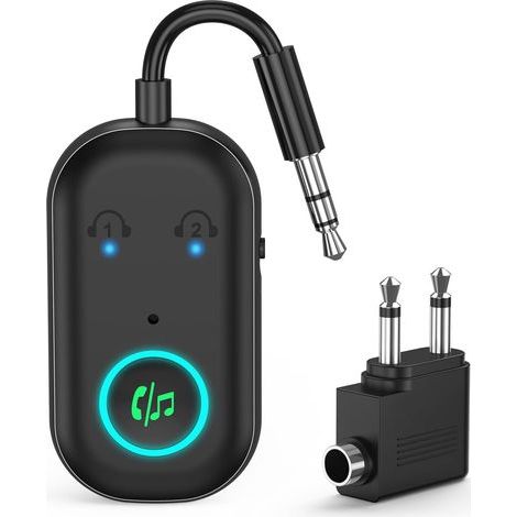 Bluetooth 5.3-Transceiver, Bluetooth-Flugzeugadapter (2 Ohrhörer), kabelloser Autoradioadapter, Freisprecheinrichtung, bis zu 16 Stunden Akkulaufzeit, 3,5-mm-AUX-Eingang für Reisen (1/5)