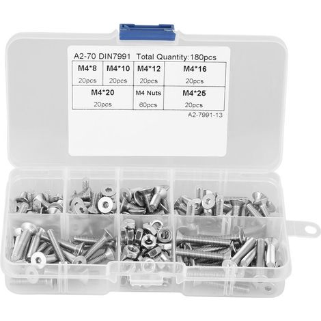 Kit de 180 vis et écrous à tête plate M4 en acier inoxydable 304, avec boîte.