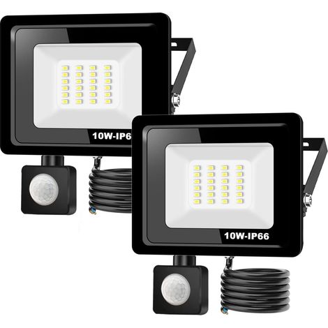 2PACK - 10W Projecteur LED détecteur de mouvement,Blanc Froid (6000K) 1000LM Exterieur Avec Detecteur Imperméable IP66 sécurité pour, garage, couloir