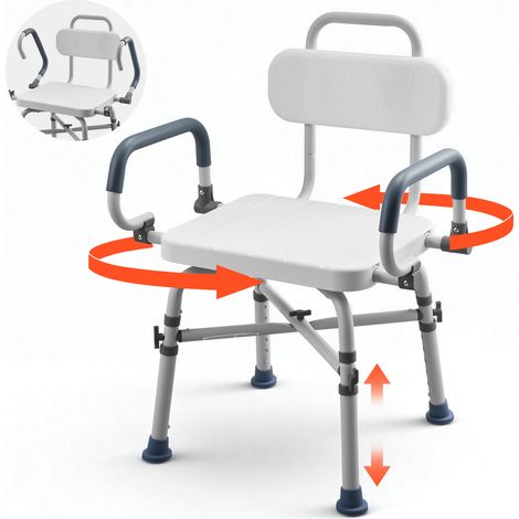 VEVOR Sedia da Doccia Girevole 360° con Braccioli Schienale, Sedia da Doccia per Anziani Pazienti Carico max 227 kg, Sedile Girevole per Vasca da Bagno Box Doccia Altezza Regolabile 415 a 540 mm