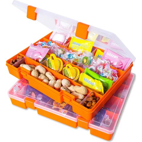 Lot de 2 boîtes de rangement en plastique orange avec séparateurs réglables, 36 compartiments pour bijoux, cosmétiques, pilules, perles, boulons et écrous (1/5)