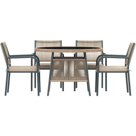 Set de muebles de jardín de 5 piezas gris con mesa redonda de vidrio y 4 sillas con brazos (1/5)