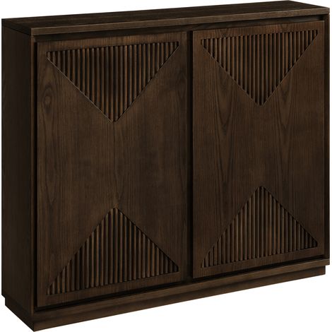 Buffet de rangement étroit à portes rainurées en V, MDF et placage bois, brun (1/5)
