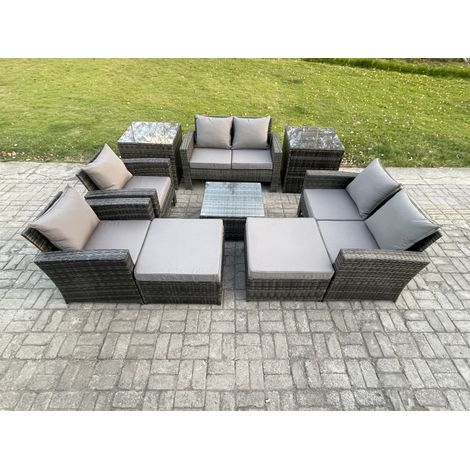 Fimous Outdoor Garden Furniture Sets 9 Pieces Wicker Rattan Furniture Manual Wicker Patio Sofa Patio Conversation Set with 2 Big Footstool 2 Side Tables Dark Grey Mixed (1/5)