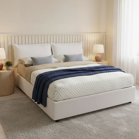 Lit double Jasmine, Lit coffre avec revêtement en simili cuir, 100% Made in Italy, Ouverture frontale, avec matelas 160x200 cm inclus, Blanc (1/5)