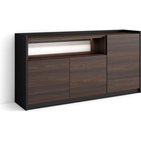 Skraut Home - Credenza, Mobile, Cucina, Madia, mobile ingresso, 156x37x80cm, 3 Porte, LED, Stile moderno, Rovere scuro e Nero (1/5)