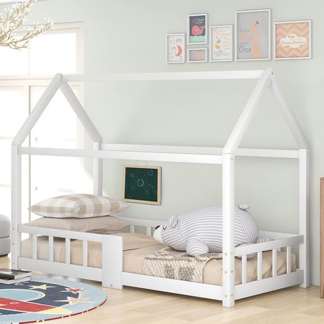 Children's bed - 90 x 200 cm - Wooden children's bed - With side rail - Fall protection - Made of pine wood - For children - Grey (without mattress) (white A) (1/5)