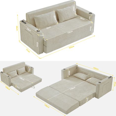 Canapé-lit 2 places en tissu chenille avec fonction de charge USB et 2 coussins (1/5)