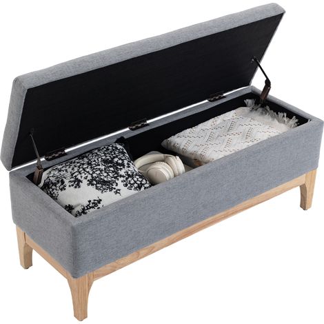 Banc coffre de rangement couvercle amovible style Scandinave tissu lin gris 110x39x45 cm