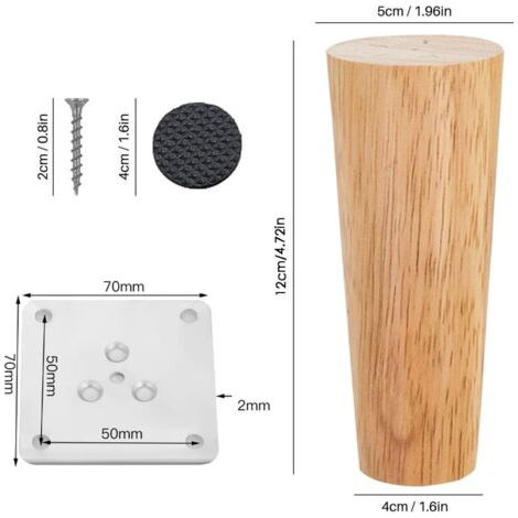 NALOOKAMIC  Lot de 4 Pieds De Meuble Bois,Pieds Coniques, Pieds De Table en Bois de Chêne Naturel Rond avec Vis pour DIY Meuble Sofa Fauteuil(12 cm)