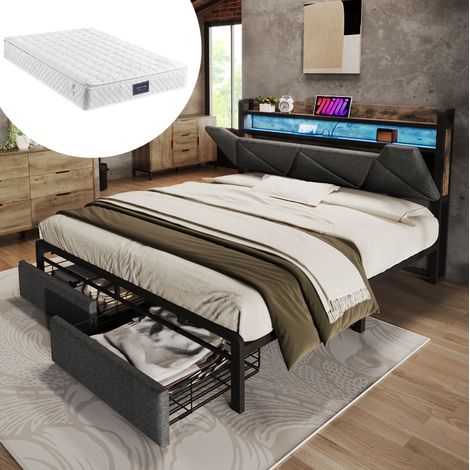 Bettgestell 140x200 cm grau aus Leinen mit Stauraum-Kopfteil, LED und Schubladen (1/5)