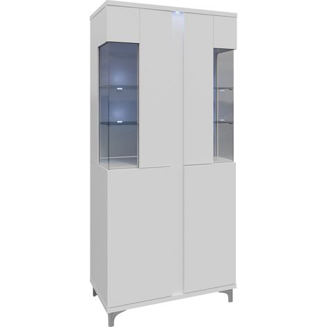 Étagère Florem IV, Blanc + Blanc brillant, Avec des portes, Fermé, Stratifié, Verre, Le nombre de portes: 4, Nombre de tiroirs: 0, 198x92x40cm, LED: Disponible
